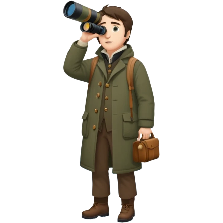 henry David thoreau full body looking up  birdwatching with binoculars in snow emoji
