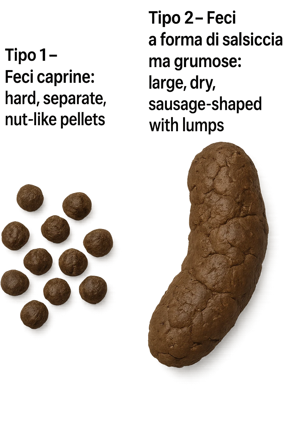 immagine di due tipi di feci iperrealistiche viste dall'alto con descrizione:
Tipo 1 – Feci caprine
Palline dure, separate, simili a noci

Tipo 2 – Feci a forma di salsiccia ma grumose
Massicce e disidratate.
 emoji