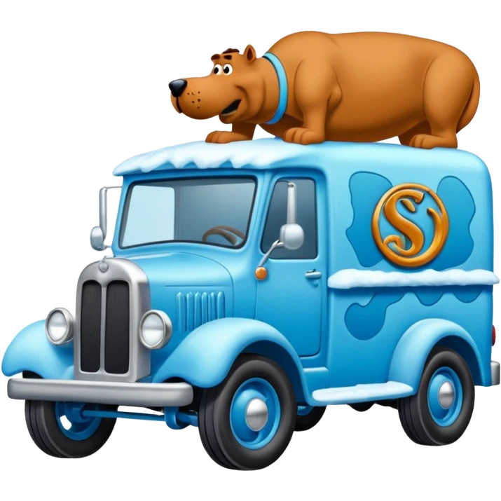 The Flintstones shiny crushed-dark-ice-blue frozen Scooby Doo 1912 antique long-wheelbase snub-nose off-road moving truck  emoji