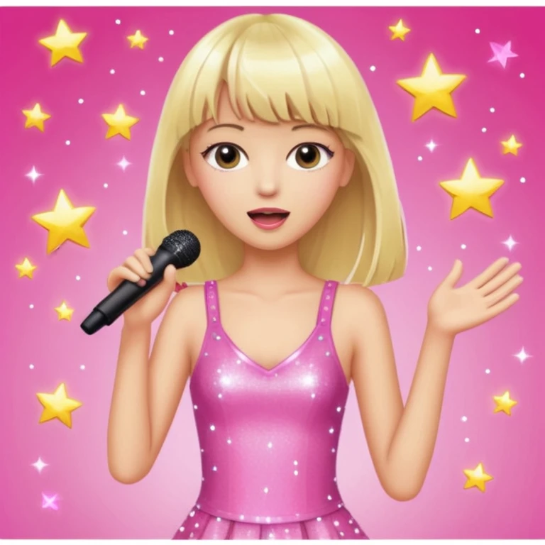 Pretty and thin tall Blonde pop star with bangs singing onstage, wearing a sparkly pink outfit   emoji