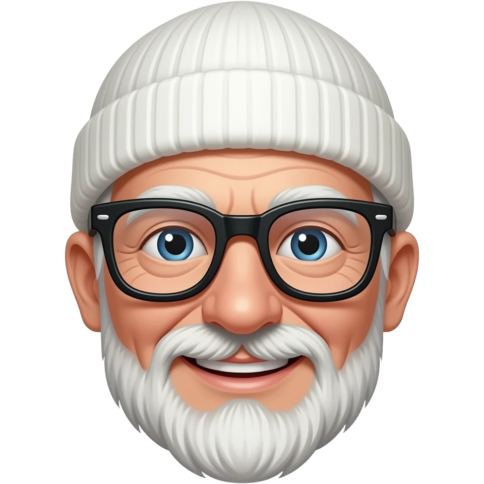 Old Man with black glasses with extra thick lens, not smiling. a moustache and buck teeth, wearing a white beanie hat emoji