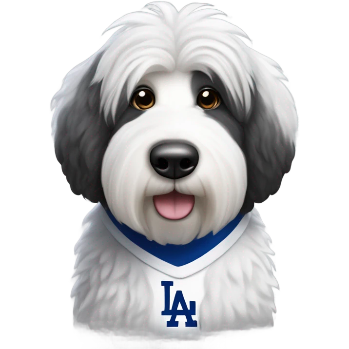 Salt and pepper Old English shepard wearing a dodgers shirt  emoji