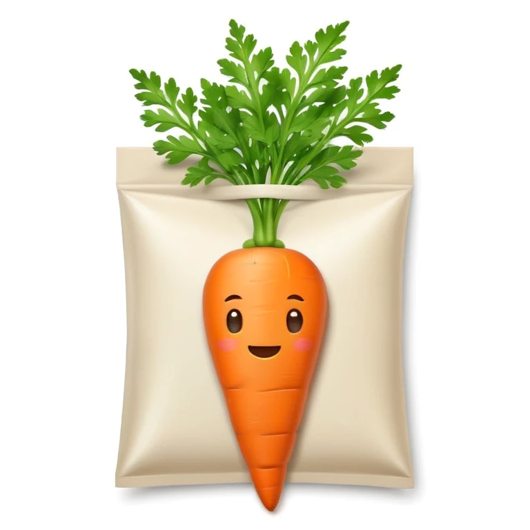 minimal emoji-style carrot seed pack, white packet, orange carrot, green leaves, cute and friendly, smooth outline, soft shadow emoji