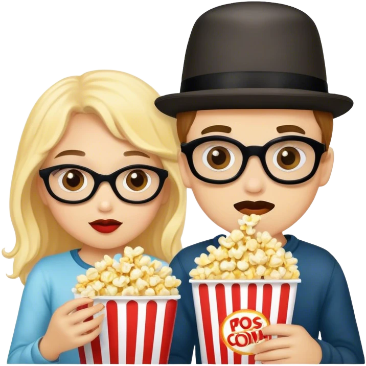 A girl and boy in disguises eating popcorn emoji