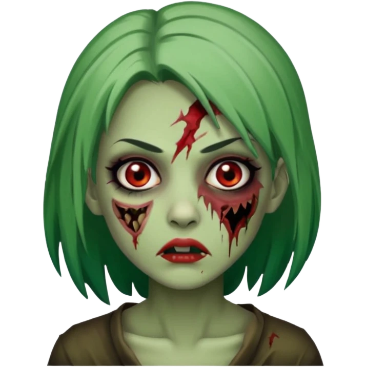 zumbi feminino com cortes no rosto, olhos baixos e vermelhos, cabelo preto e verde emoji