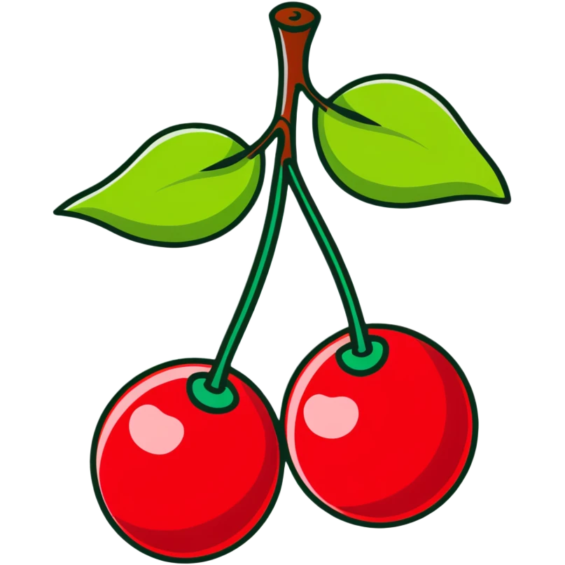 Two bright ruby red cherries connected by a green stem emoji