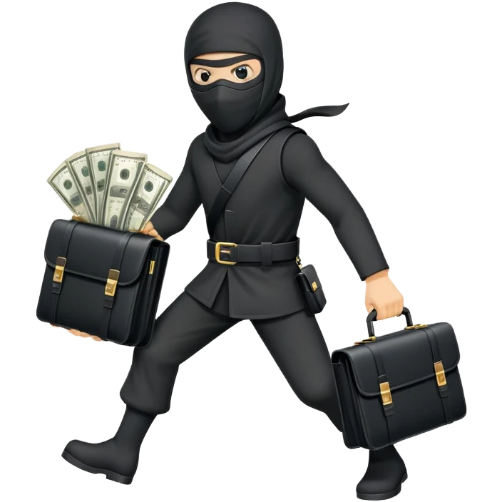 Masked ninja carrying a black briefcase overflowing with dollar bills emoji
