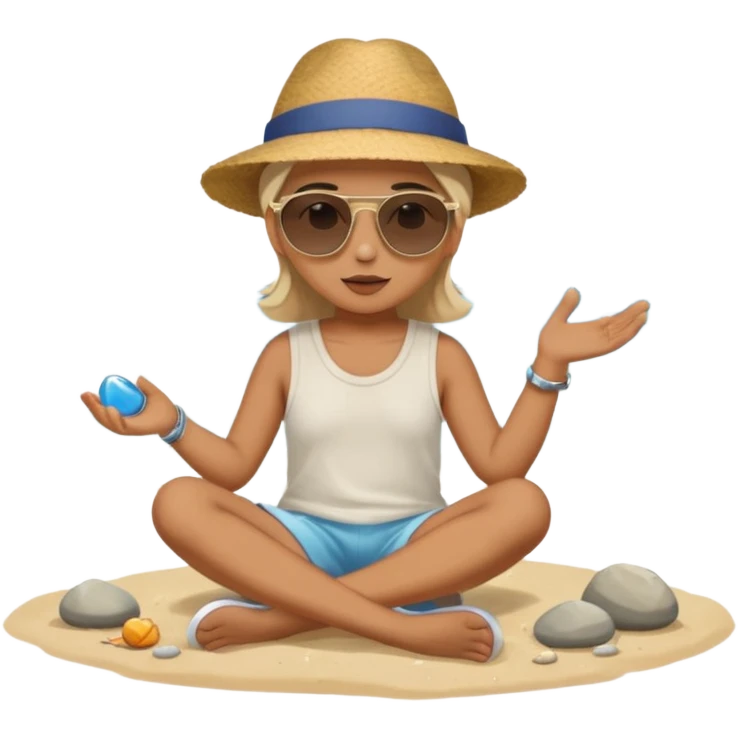 Someone sitting on the ground in the Beach close to the water and throws stone at the water and it's a sunset emoji