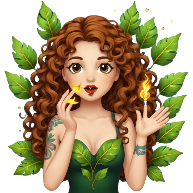 full body view of a woman with long curly brown hair, brown eyes, white skin, tattoos, blowing a glowing kiss made of leaves and sparks emoji