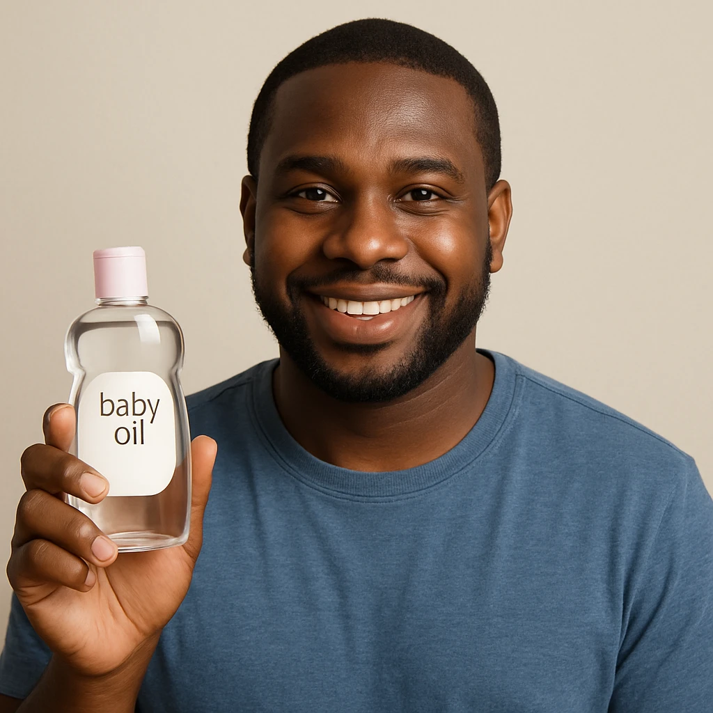 A Black man holding a bottle of baby oil, clear subject, friendly expression, simple background emoji