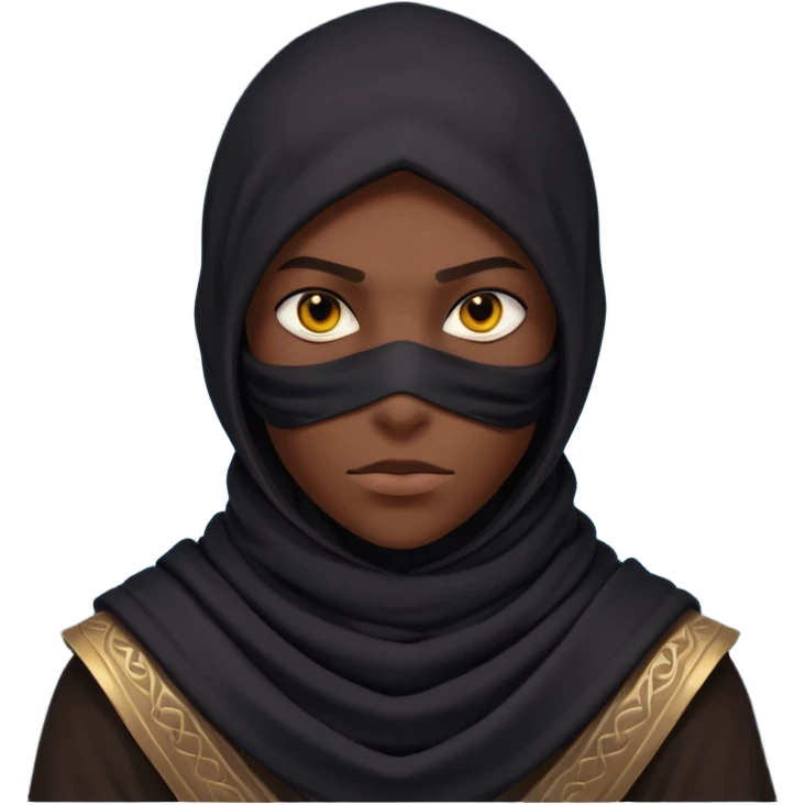 desert assassin portrait, head and shoulders only, dark hood, face scarf, mysterious glowing eyes, stealth vibe, 3D cartoon, mobile game icon style, clean background, no text, no watermark
 emoji