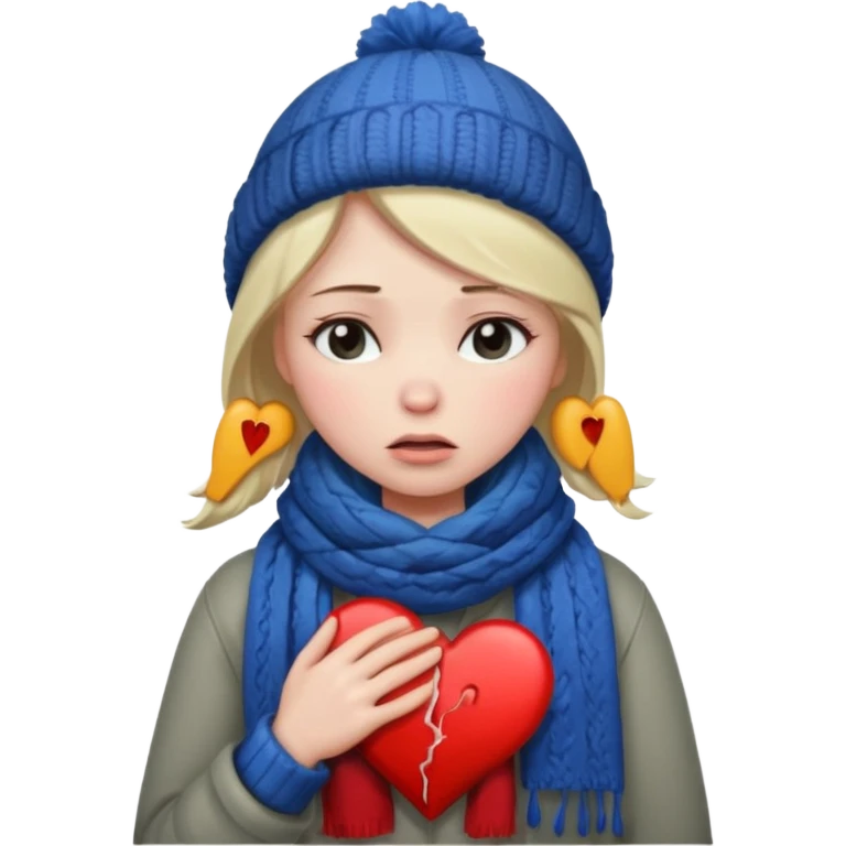 woman broken hearted, looking down sad, about to cry. holding her heart breaking, wearing a winter outfit emoji