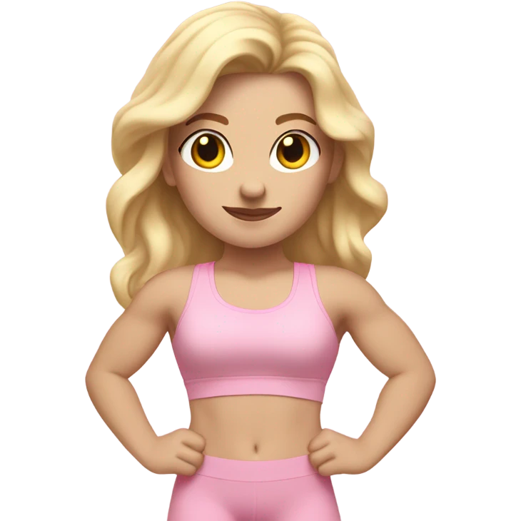 White woman, pale skin, long hair, blonde hair, wavy hair, baby pink sports bra, baby pink leggings, flexing right arm emoji