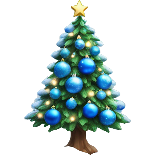 Christmas tree decorate with fake snow , lights and blue ornaments  emoji