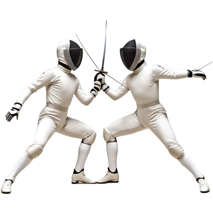 Two fencers in symmetrical stances, with crossed épées in front of them. Their forms are elegant and precise, showcasing the balance and strategy of fencing. The background features a blurred fencing piste, with subtle motion lines to emphasize the elegance and speed of the sport. emoji