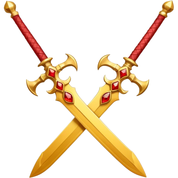 Two crossed swords that are golden in blade and handle and have fiery and royal appearence to them as well as red gem stones yellow in color emoji