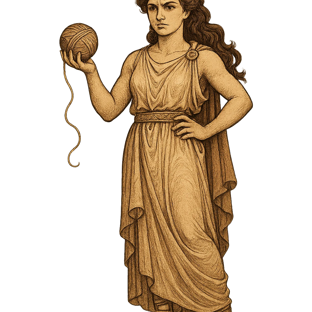 Ariadne from Greek mythology holding a ball of thread, standing confidently, wearing ancient Greek attire, mythological vibe emoji