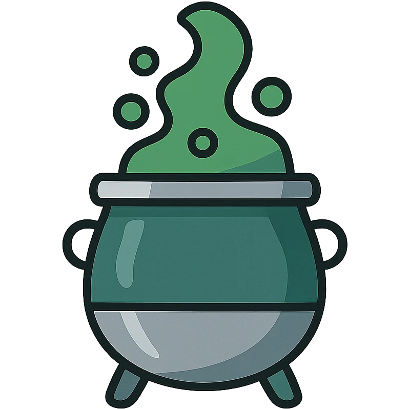 digital sticker of a cauldron with green smoke, Slytherin themed, semi-realistic vector art style, clean outlines, flat colors, slight shadows, for a sticker sheet emoji