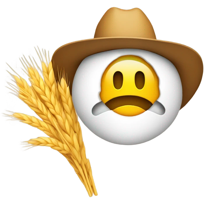 Yellow, round emoji, in a cowboy hat, smiling with a piece of wheat dangling from mouth emoji