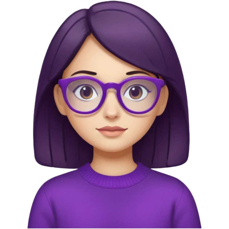 white girl with dark hair wearing purple sweater and purple glasses, portrait emoji
