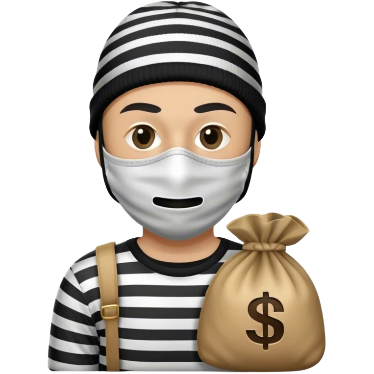 A robber, striped black and white shirt, with money bag , with mask , beanie  emoji