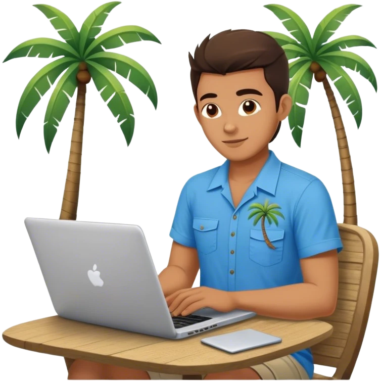 A digital nomad in bali working on a laptop wearing a tropical blue shirt with a palm tree on the side emoji