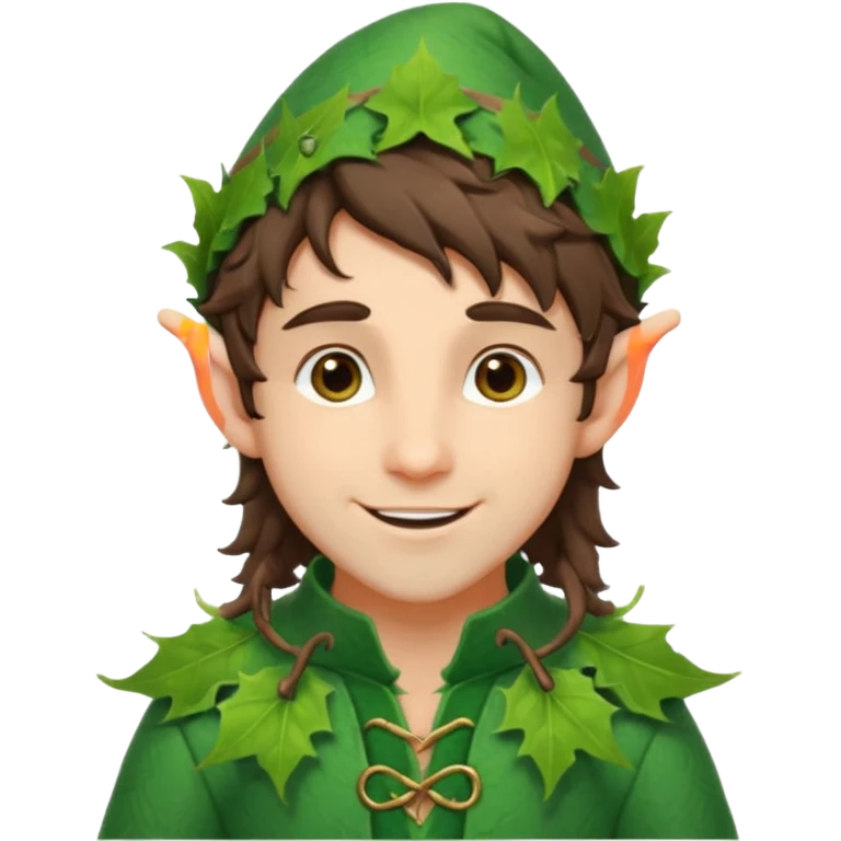handsome elf with messy brunette hair wearing a leafy outfit and smile confidently emoji