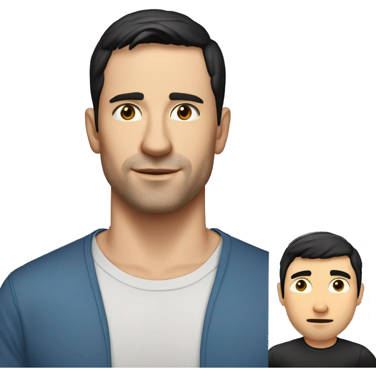 A head and shoulders shot of a 33 year old white man, with short black hair,   with brown eyes wearing a t-shirt. emoji