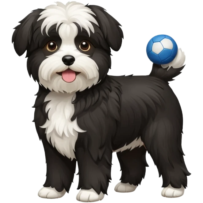 black and white Havenese dog standing with ball emoji