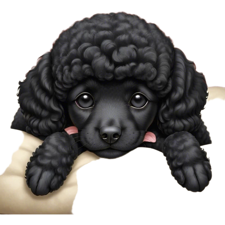 Meme-Worthy Cute Sleeping Black Poodle Portrait Emoji, Head resting peacefully with a contented smile, showcasing a delightfully elegant build and a luxuriously soft, curly jet-black Fur, eyes shut in a serene nap, Simplified yet hilariously adorable features, highly detailed, glowing with a soft, drowsy light, high shine, relaxed and utterly lovable, stylized with an air of playful laziness, bright and heartwarming, soft glowing outline, capturing the essence of a comically sleepy companion, so meme-worthy it feels like it could instantly become the next viral sensation of adorable slumber! emoji