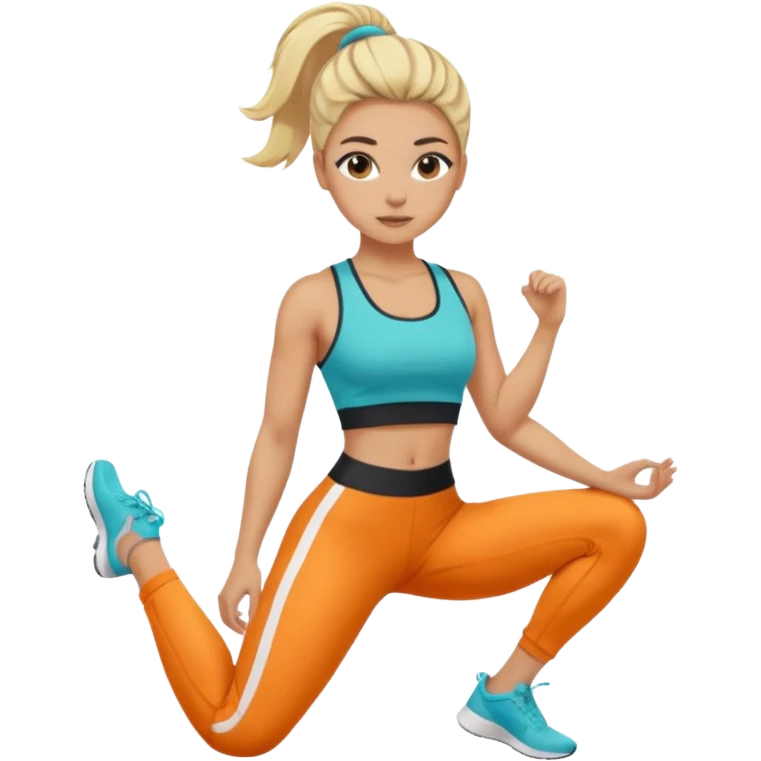 girl with dyed blonde hair and dark roots, wearing sporty crop top and leggings, looking like fitness coach, hair loose and tidy emoji