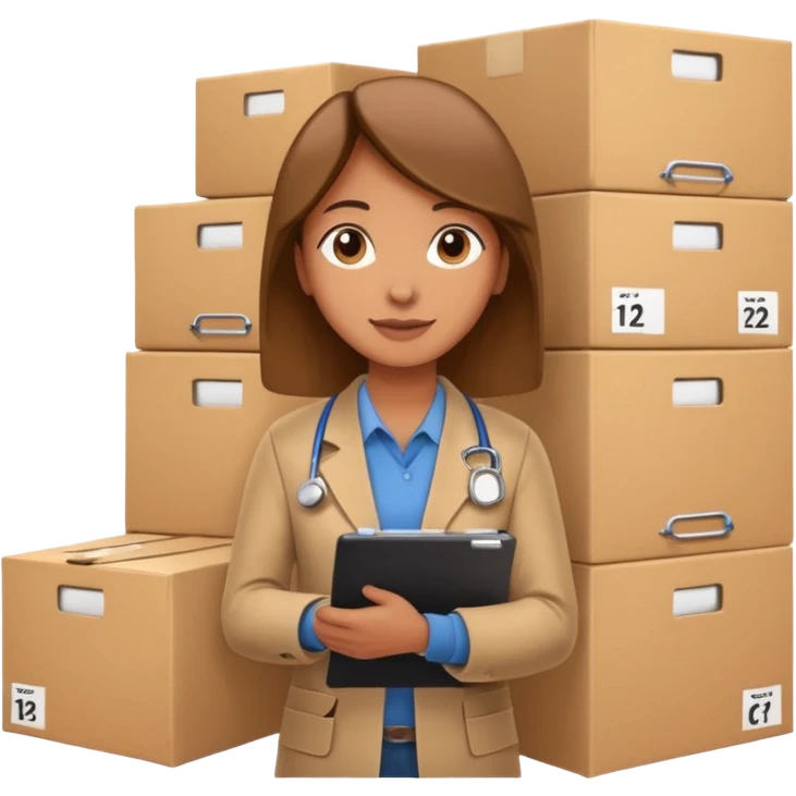 A person holding a clipboard with checklist marks next to stacked boxes, indicating stock or inventory management. emoji