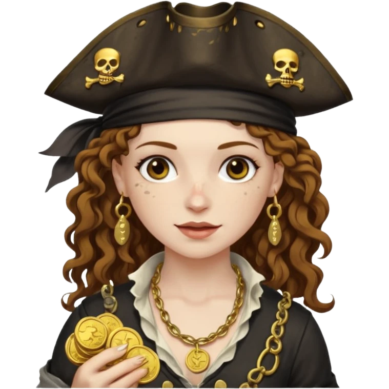 Lady Pirate With holding Coins, curly hair. emoji