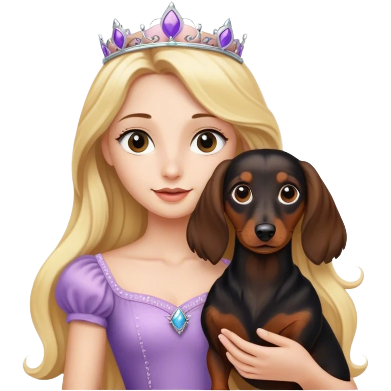 Blonde princess holding a Long haired black and brown dachshund  emoji