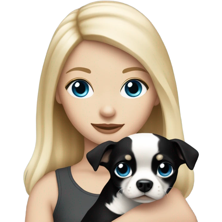 Blonde haired white girl with blue eyes holding a black and white Chihuahua ￼ emoji