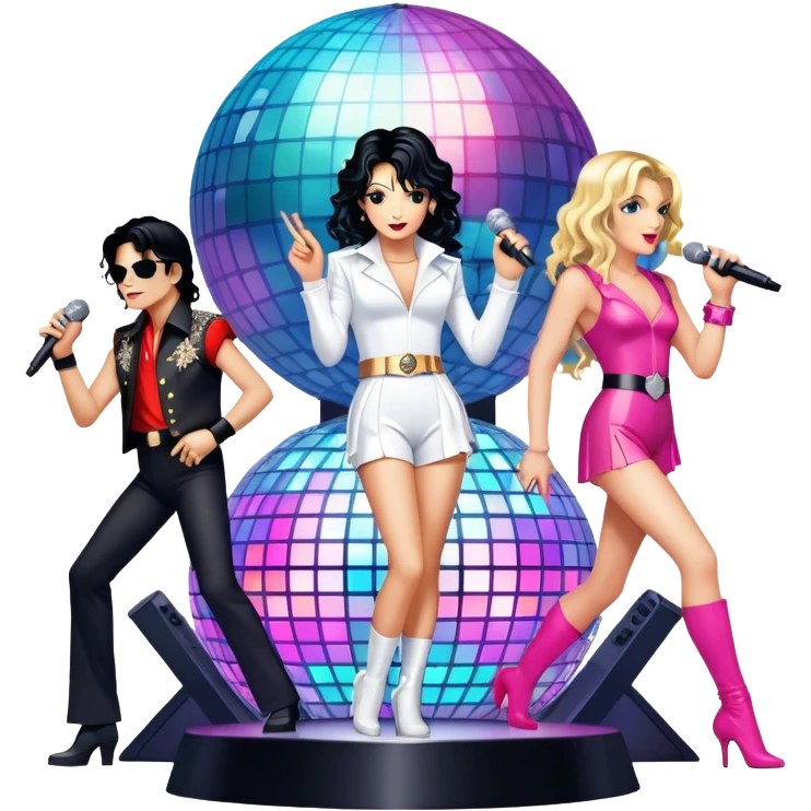 Pop music icon: vibrant stage with bright lights, microphone, synthesizer, disco ball. Collage of famous pop artists—Michael Jackson, Madonna, Britney Spears, and Taylor Swift—symbolizing iconic eras. Energetic and dynamic. Transparent background. emoji
