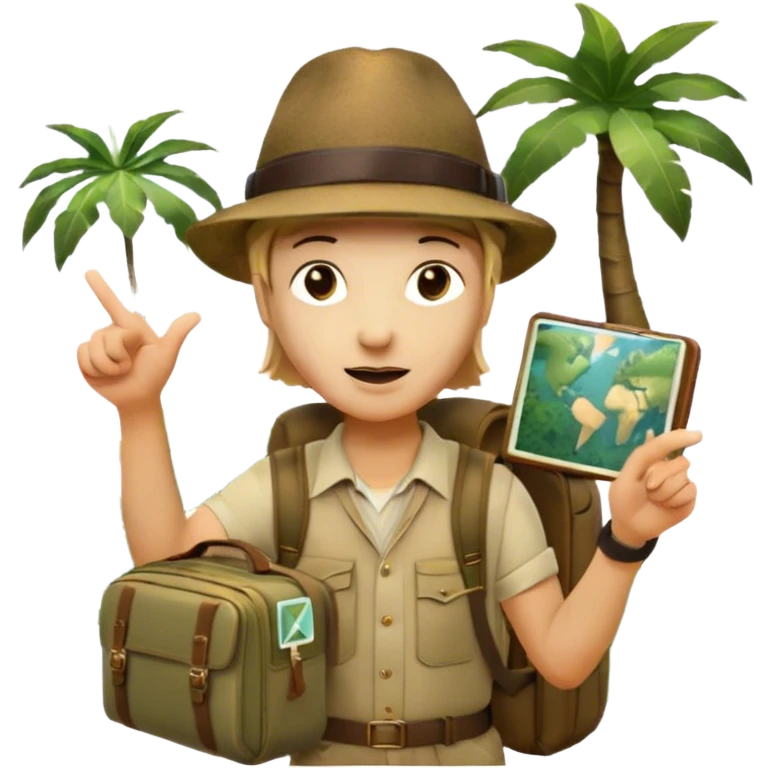 Icon for Travel Documentary: A vintage TV-style design with a traveler pointing backward, telling a story in the jungle. Include lush greenery, exotic animals, and a backpack. The traveler should be wearing a hat and holding a map. Retro, informative TV style. Transparent background. emoji