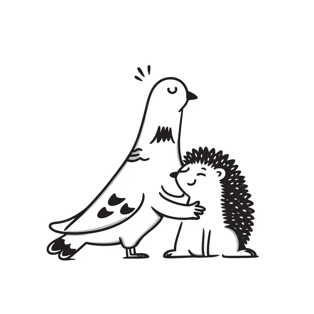 a pigeon and a hedgehog hugging, hand drawn doodle style emoji