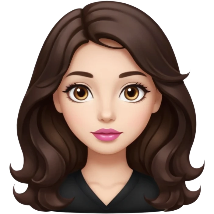 girl with wavy long glamorous dark brown hair, brown eyes, light to medium complexion, long lashes, almond shaped eyes, light pink lipstick, square shaped face emoji