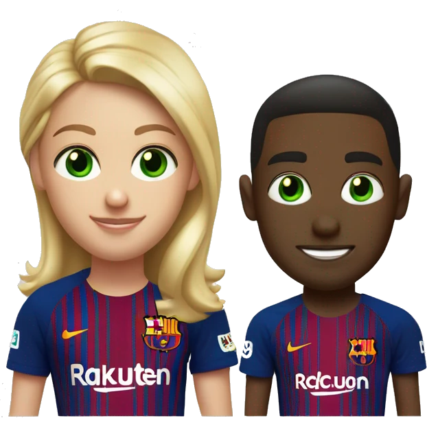 two blonde friends one has green eye in fc barcelona T-shirt with lamine yamal and hector fort emoji