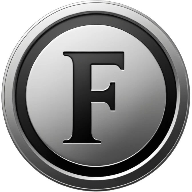 Emoji icon of a metal coin with engraved letter F, minimalist style, isolated, only black color emoji