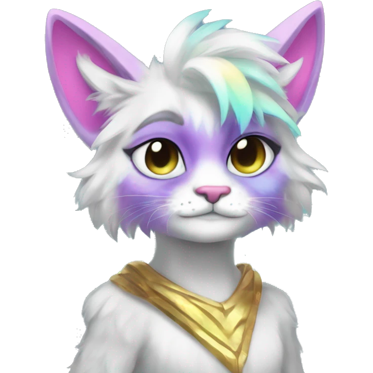 Furry, sparkle, iridescent, colorful, pastel, edgy, cool, fantasy beautiful, divine, animal, anthro, full body, fursona, feline emoji