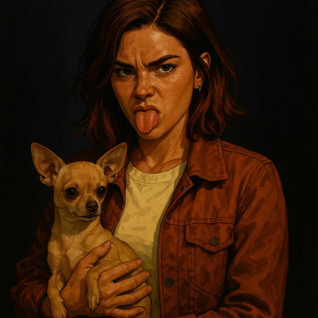 rebellious and playful woman, tanned skin, freckles, pale yellow shirt #FFF8CA, rust jacket, medium-length brown auburn hair, holding beige-brown chihuahua, Netflix series style, dark background emoji