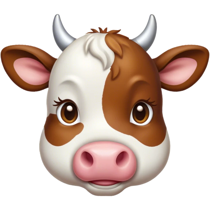 Cinematic Cute Brown and White Cow Portrait Emoji, Head tilted playfully and inquisitively, featuring a glossy, richly patterned hide of brown with striking white patches, round, sparkling brown eyes filled with gentle curiosity, Simplified yet irresistibly adorable features, highly detailed, glowing with a warm, friendly glow, high shine, affectionate and serene, stylized with a touch of country charm, bright and endearing, soft glowing outline, capturing the essence of a mischievous yet loving cow, so playful it feels like it could moo out of the screen and into your arms! emoji