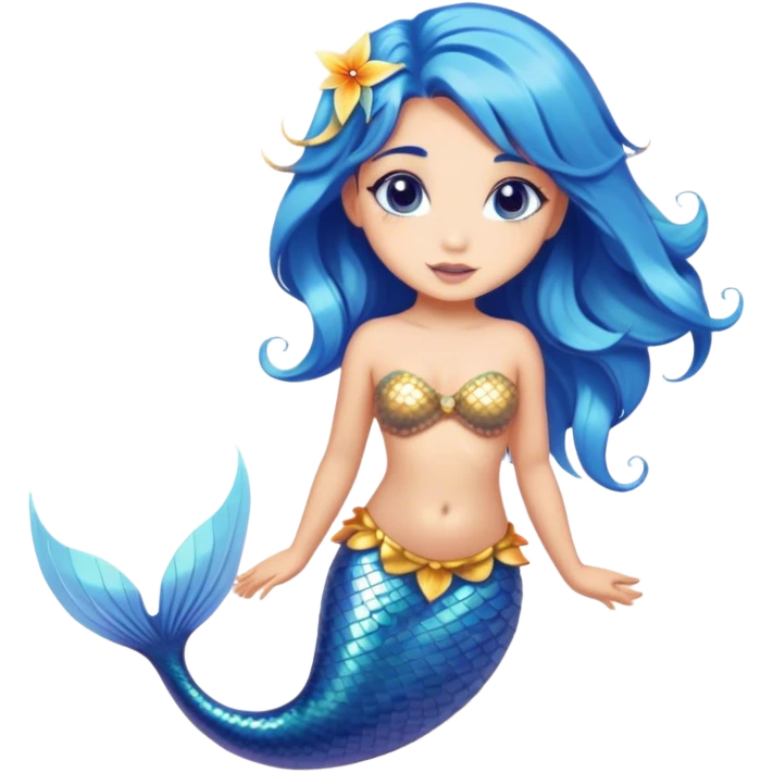 Cinematic Realistic Blue Hair Mermaid Portrait, depicted with lifelike, sun-kissed tanned skin that exudes a warm, radiant glow under gentle underwater lighting. Her intricately detailed, flowing blue hair cascades like a waterfall of ocean hues, framing deep, mesmerizing eyes that capture the vibrant spirit of the sea. Adorned with a shimmering tail and delicate tropical accents, the portrait features an enchanting underwater glow that blends realism with mythic coastal allure. emoji