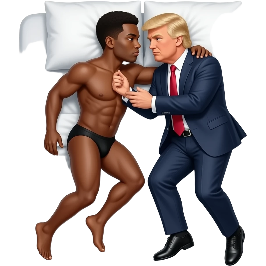 Black guy full body, trump guy full body  having sex on bed emoji