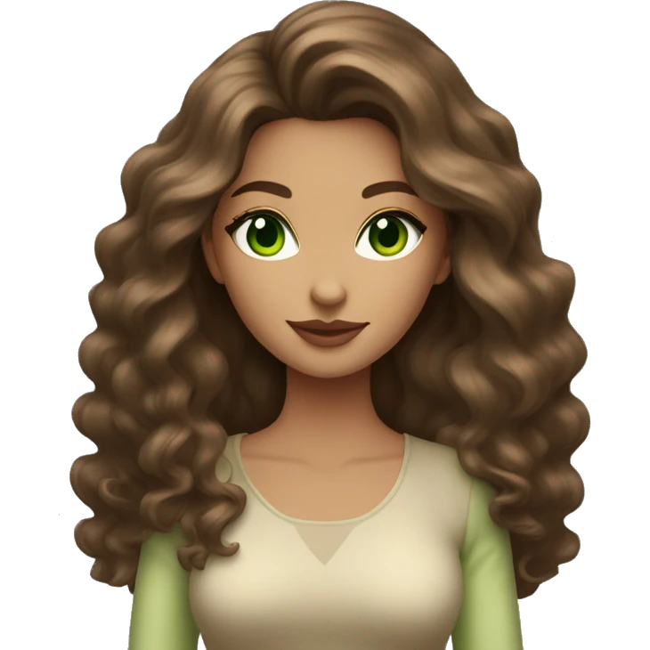 woman long medium brown wavy voluminous hair with green eyes beige skin and hot outfit emoji