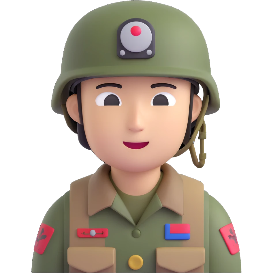 Korean soldier with camouflage helmet and friendly expression, 3D emoji style emoji