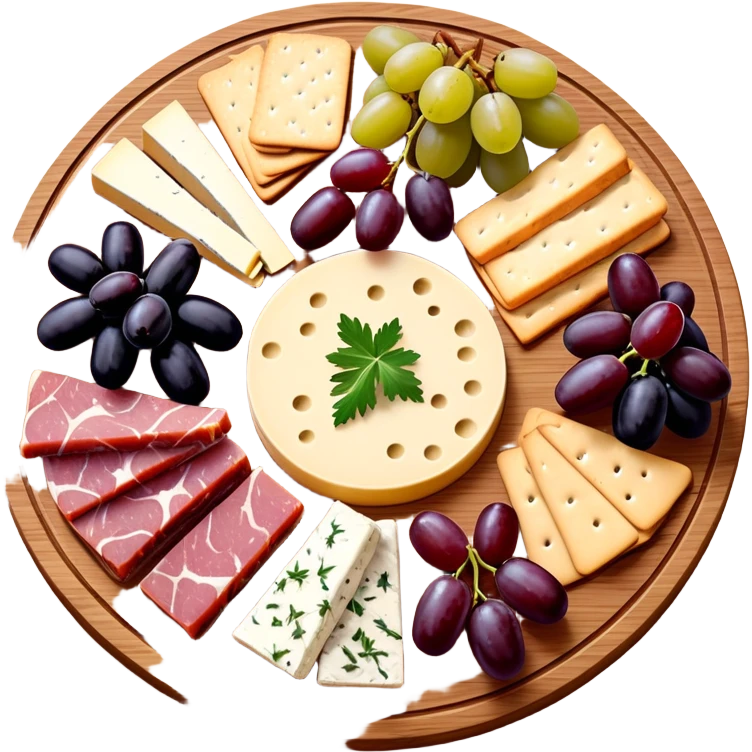 Delicious charcuterie board with assorted cheeses, meats, crackers, grapes, and olives arranged beautifully on a wooden board emoji