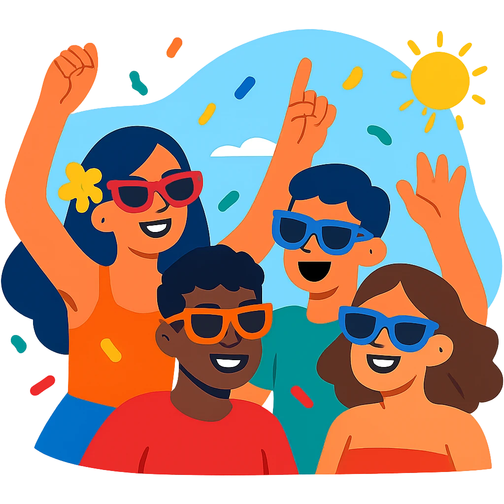 spring break group of friends wearing sunglasses party vibe vibrant colors emoji